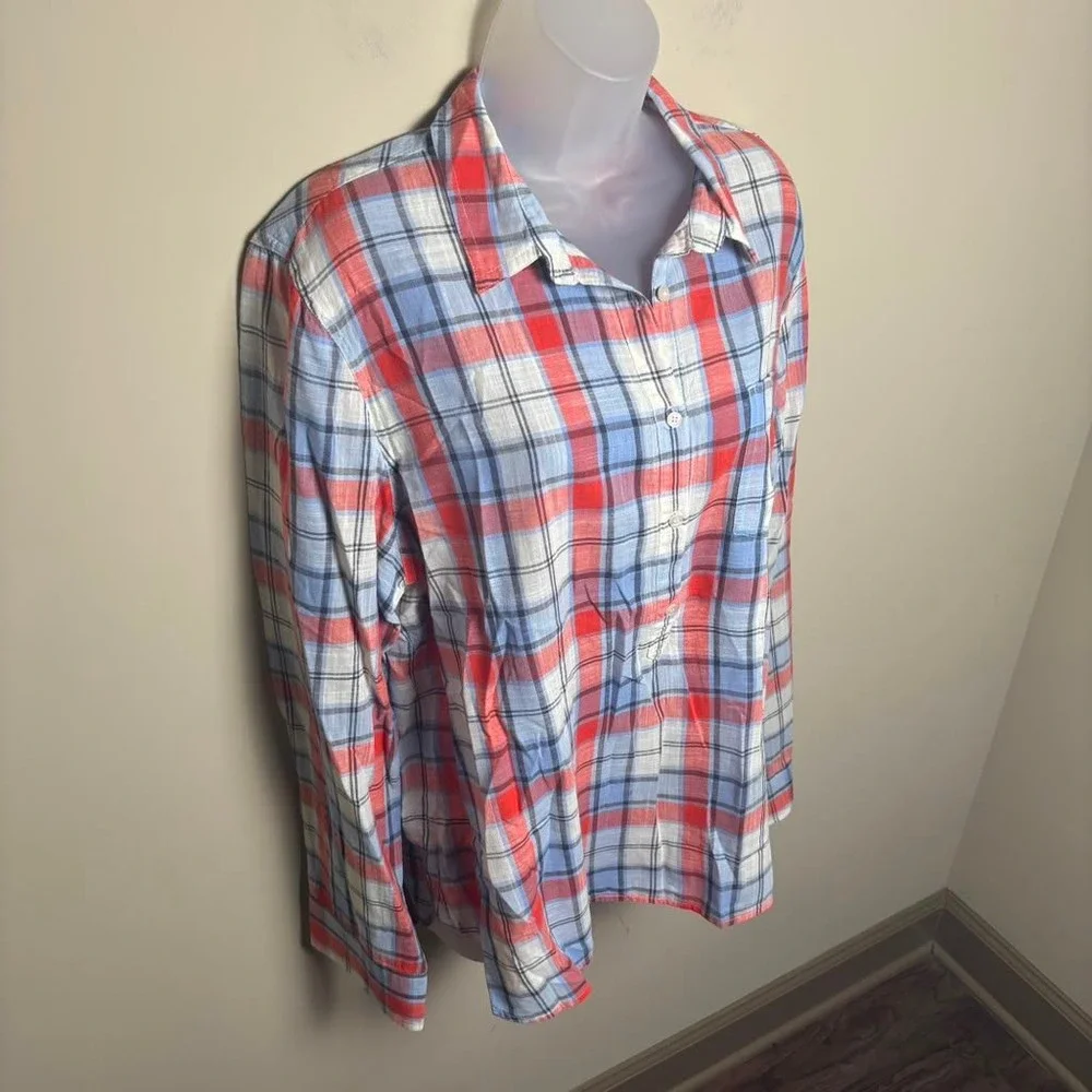 JCrew Blue Red Plaid Gauze Popover Long Sleeve Half Button Shirt Blouse Women XL